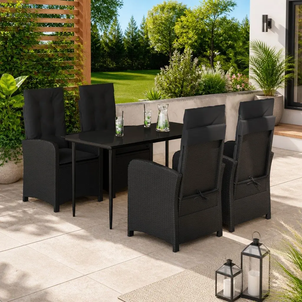 Garden Dining Set 5 Piece Outdoor Furniture Black PE Rattan Table with Tempered Glass Top and Adjustable Backrest Chairs