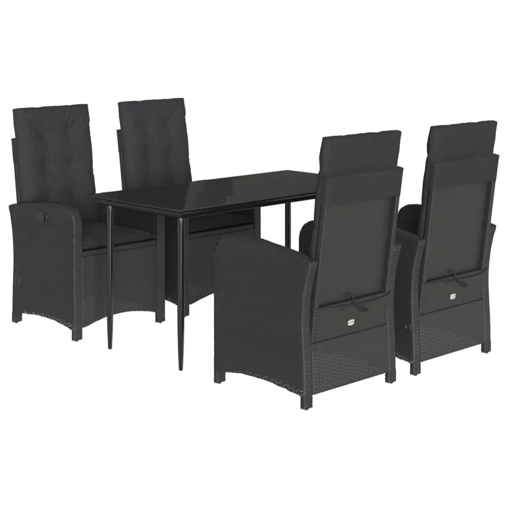 Garden Dining Set 5 Piece Outdoor Furniture Black PE Rattan Table with Tempered Glass Top and Adjustable Backrest Chairs