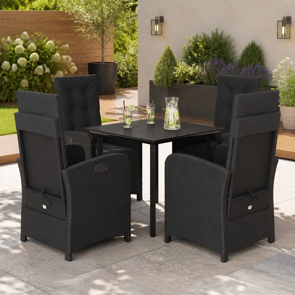 Garden Dining Set Adjustable Backrest 5 Piece Black PE Rattan