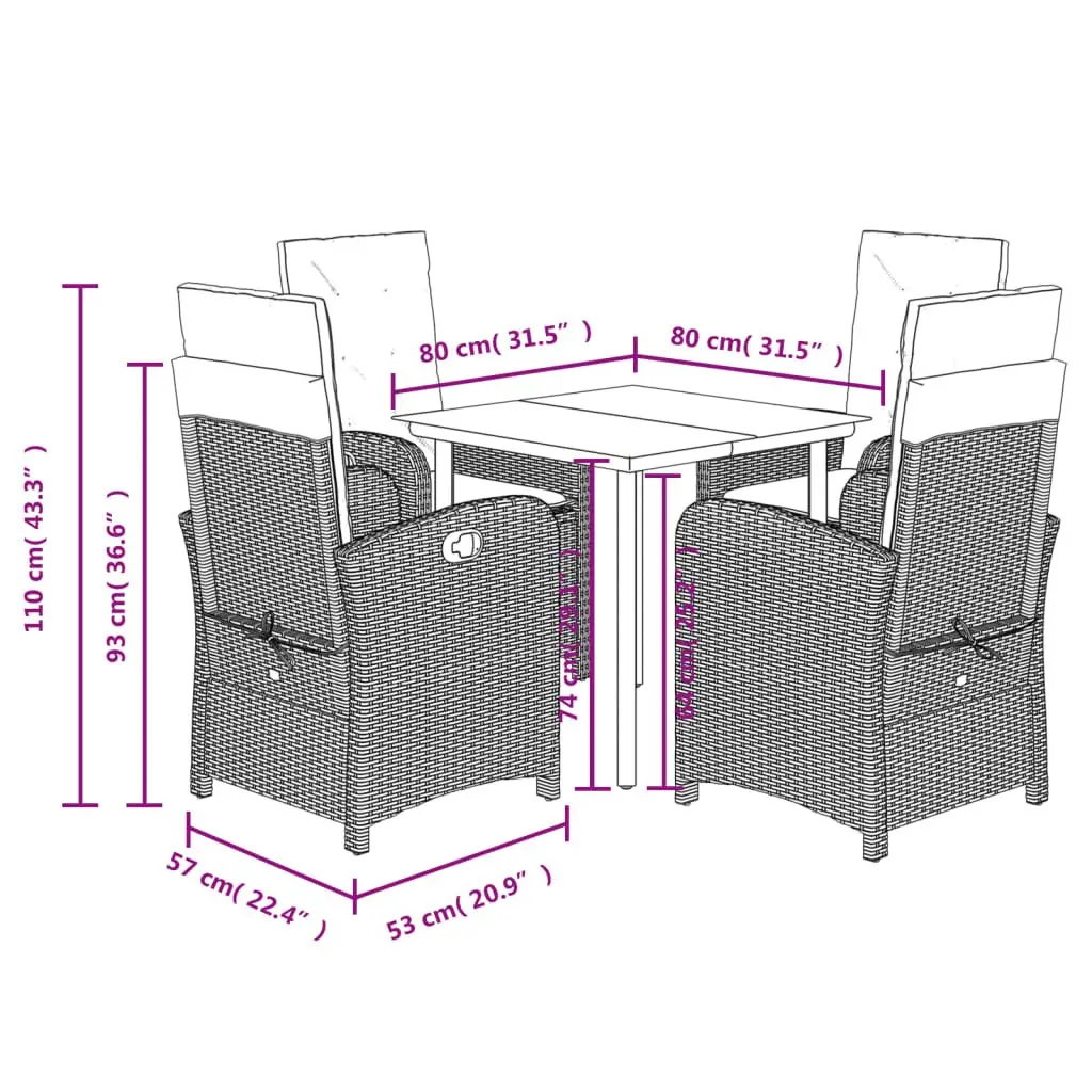 Garden Dining Set Adjustable Backrest 5 Piece Black PE Rattan