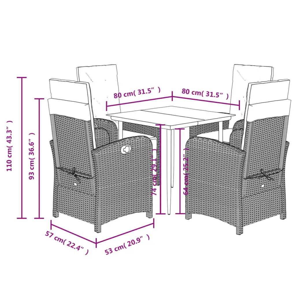 Garden Dining Set 5 Piece Grey Poly Rattan Outdoor Furniture with Padded Cushions and Tempered Glass Tabletop