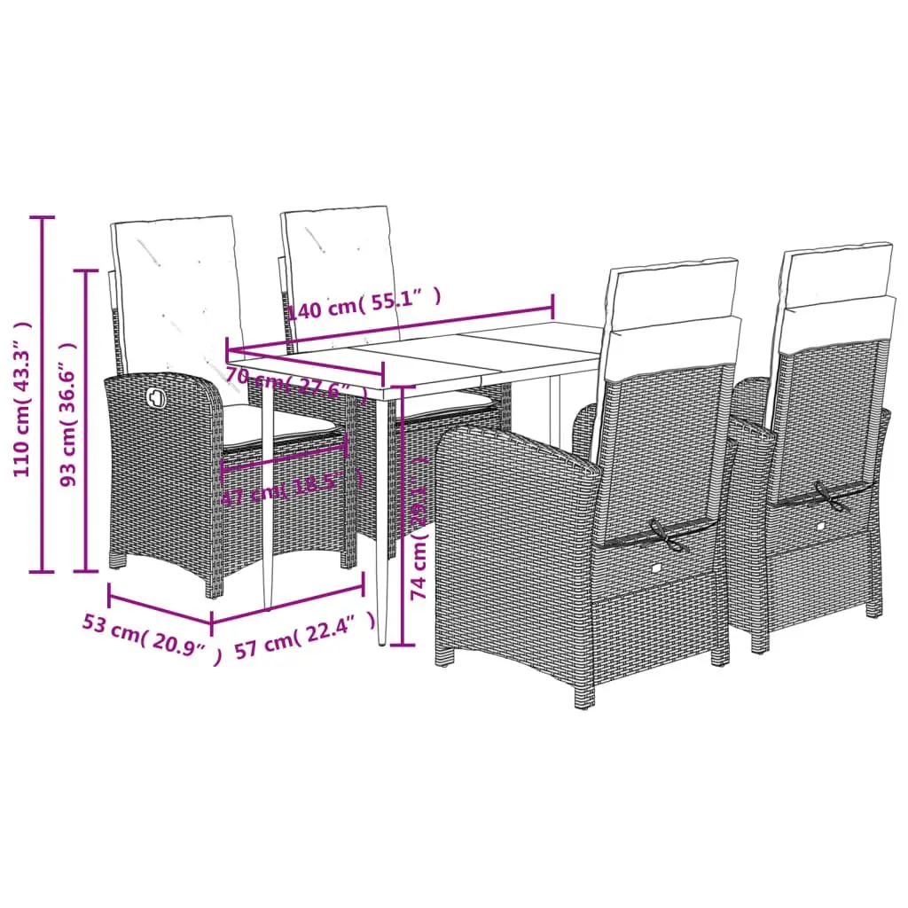 5 Piece Garden Dining Set Grey Poly Rattan Outdoor Furniture with Cushions