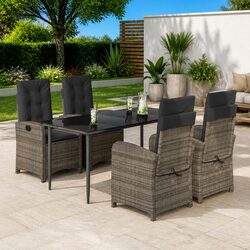 Garden Dining Set 5 Piece Grey Poly Rattan with Cushions Glass Table Patio
