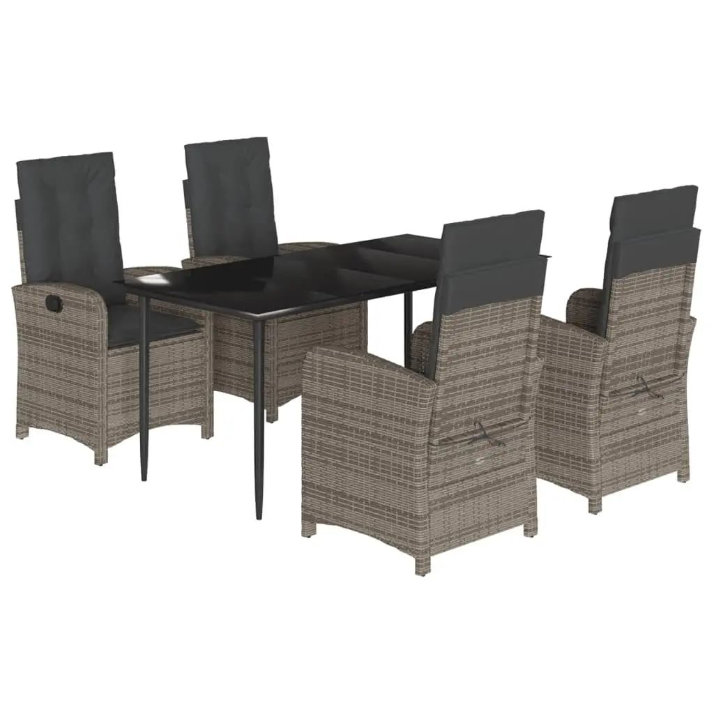 Garden Dining Set 5 Piece Grey Poly Rattan with Cushions Glass Table Patio