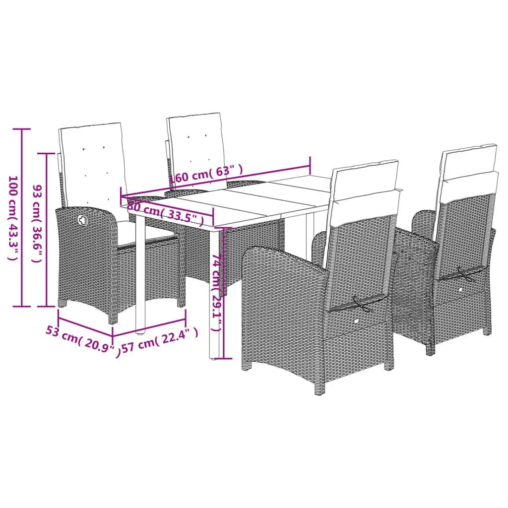 Garden Dining Set Grey Poly Rattan 5 Piece Outdoor Furniture with Cushions
