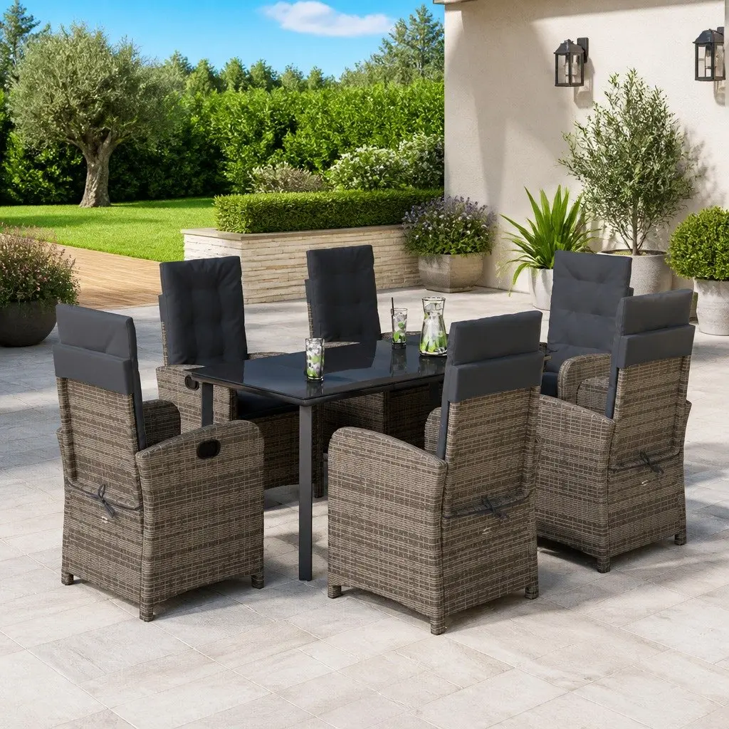 Outdoor Garden Dining Set Grey PE Rattan 7 Piece with Cushions