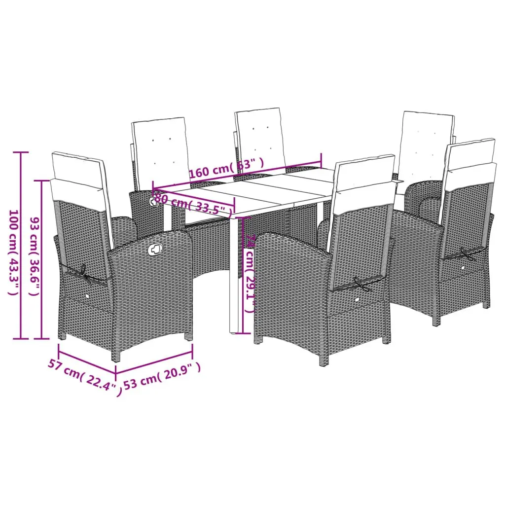Outdoor Garden Dining Set Grey PE Rattan 7 Piece with Cushions