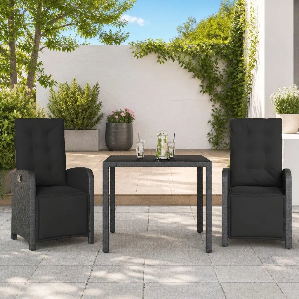 3 Piece Bistro Set Adjustable Black Poly Rattan Garden Furniture