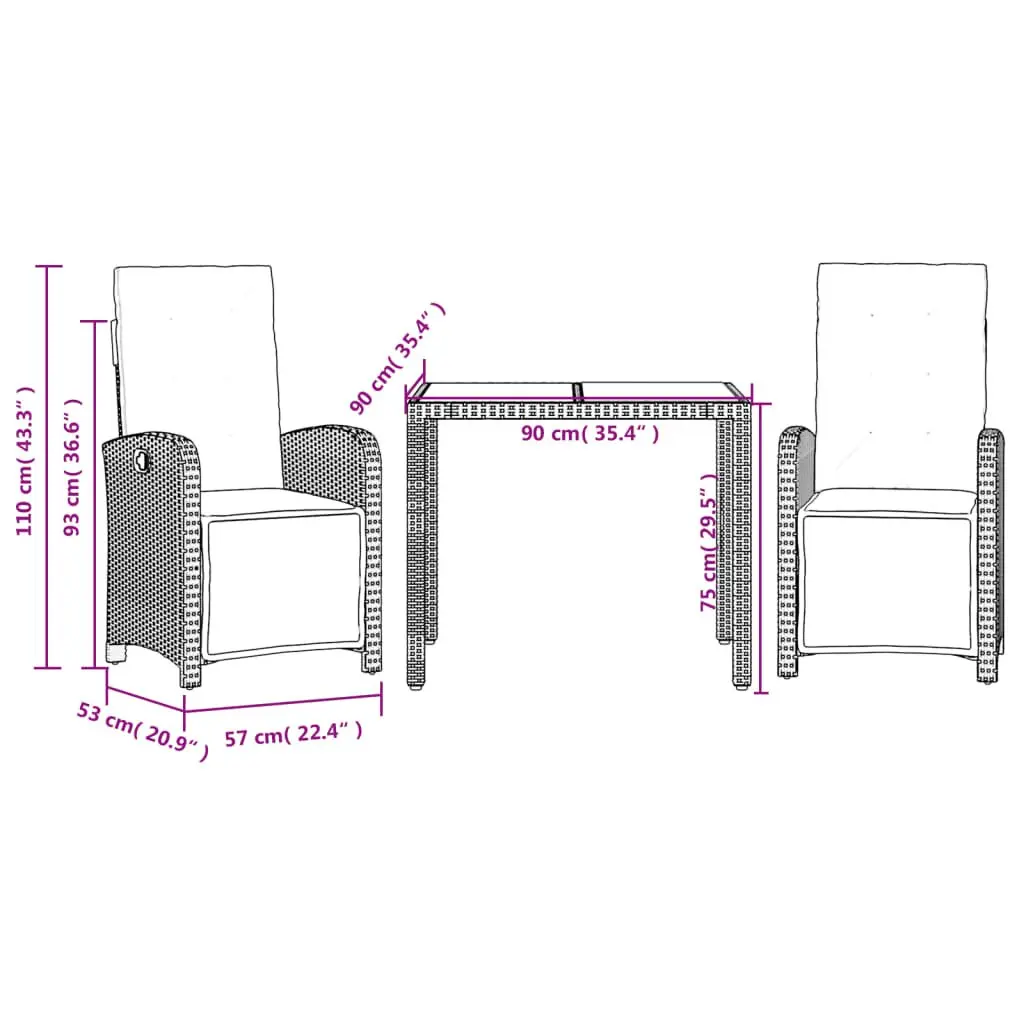 3 Piece Bistro Set Adjustable Black Poly Rattan Garden Furniture