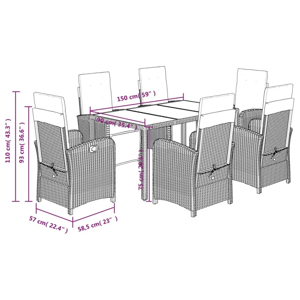 7 Piece Outdoor Garden Dining Set with Cushions Black Poly Rattan Furniture