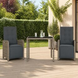 3 Piece Outdoor Bistro Set Grey PE Rattan Garden Furniture with Cushions Glass