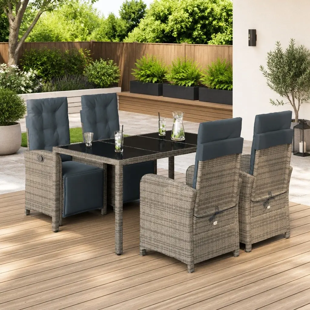 Garden Dining Set Grey Poly Rattan 5 Piece Outdoor Furniture Cushions Glass