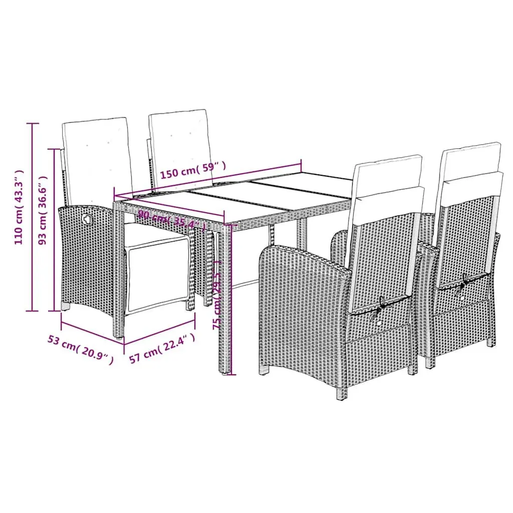 Garden Dining Set Grey Poly Rattan 5 Piece Outdoor Furniture Cushions Glass