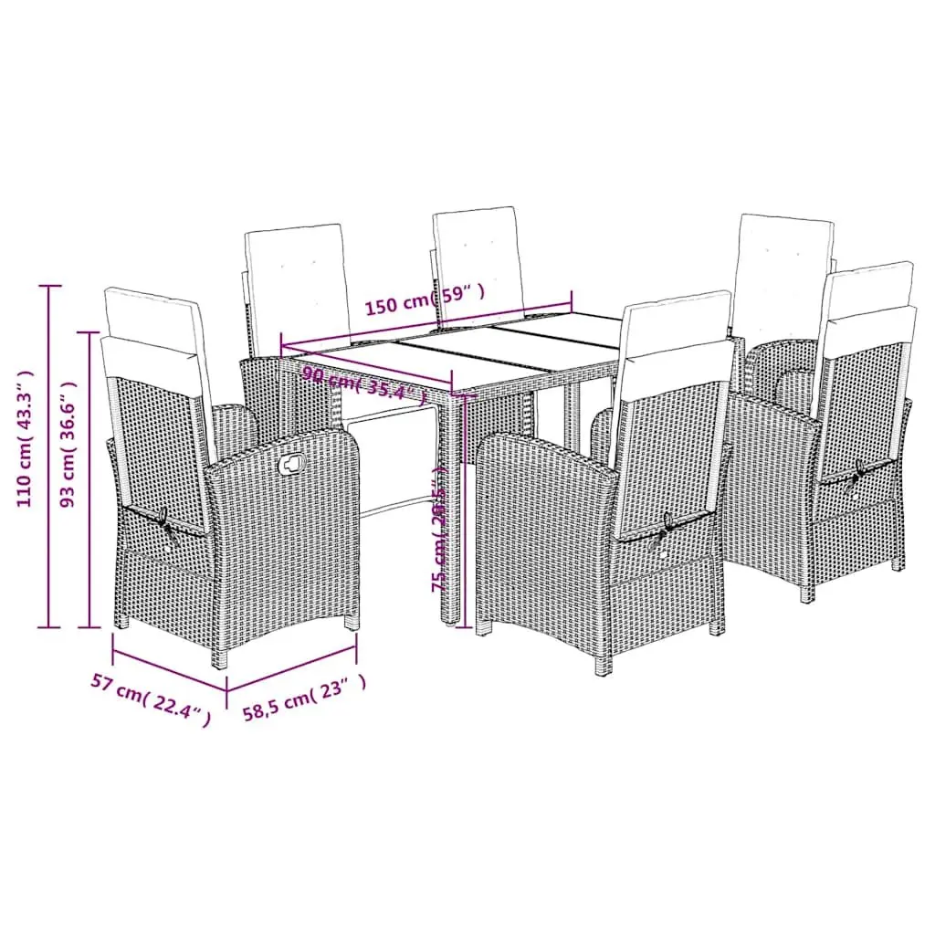 Garden Dining Set Cushioned Grey Poly Rattan 7 Piece Outdoor Furniture