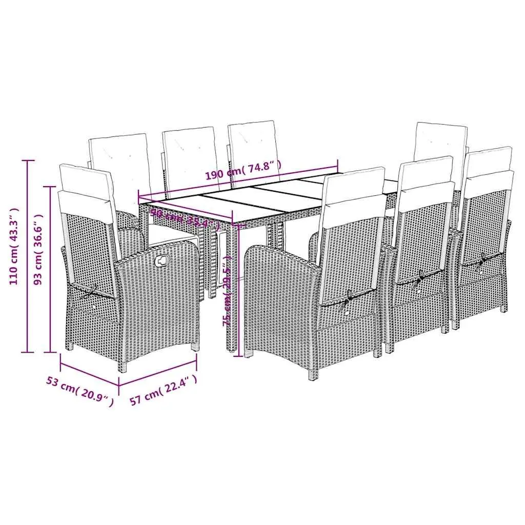 9 Piece Outdoor Garden Dining Set Grey Poly Rattan Chairs Table Cushions