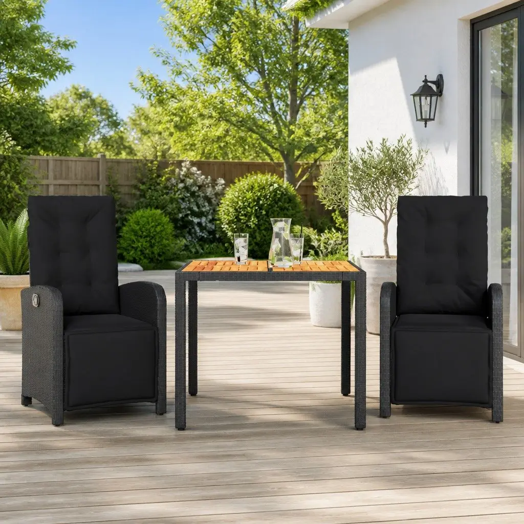 3 Piece Bistro Set Adjustable Backrest Cushions Black Poly Rattan