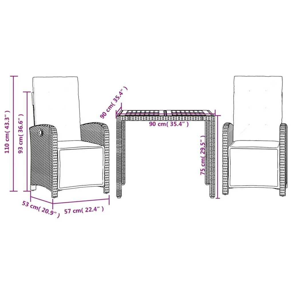 3 Piece Bistro Set Adjustable Backrest Cushions Black Poly Rattan