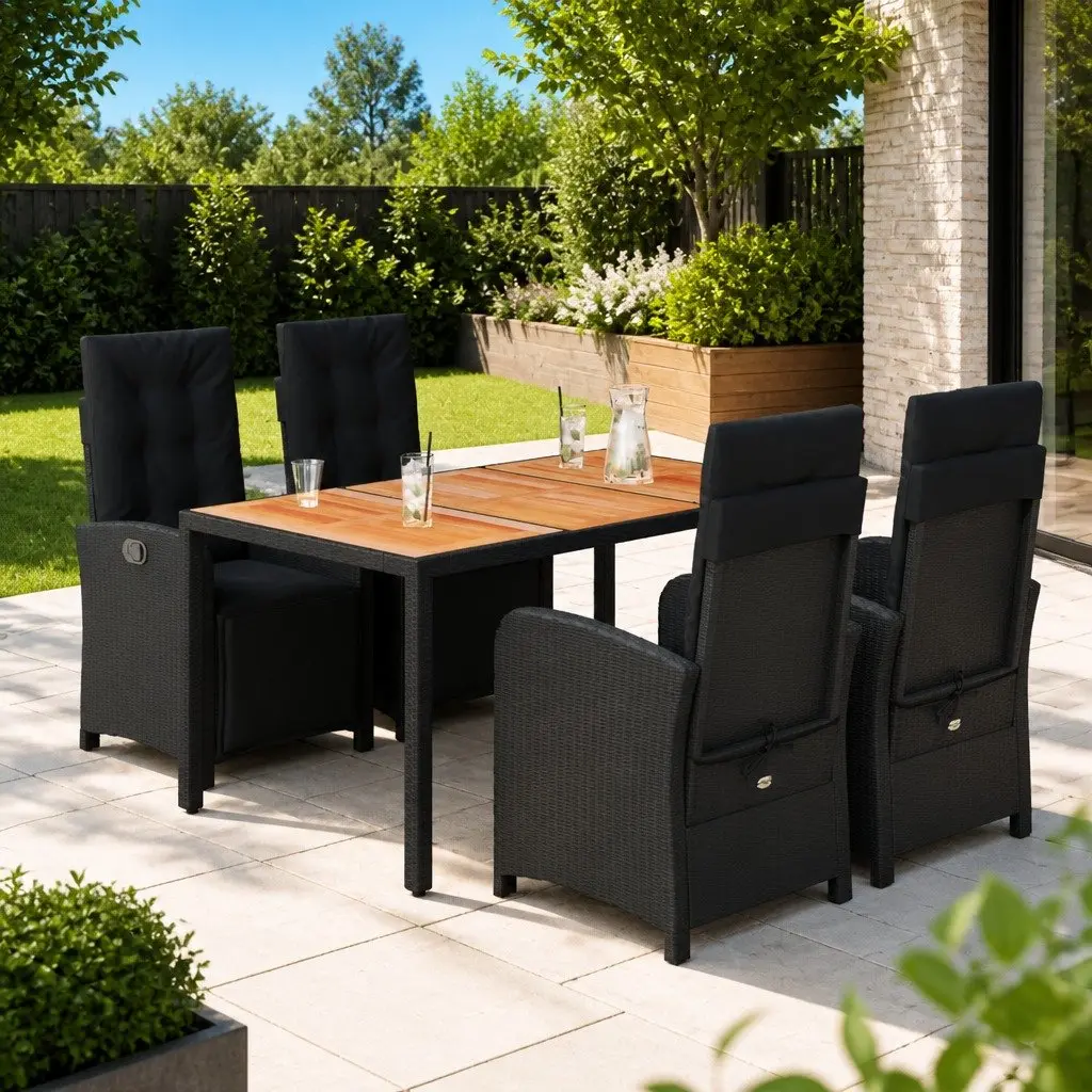 Garden Dining Set 5 Piece Outdoor Furniture Black Rattan Acacia Wood Table