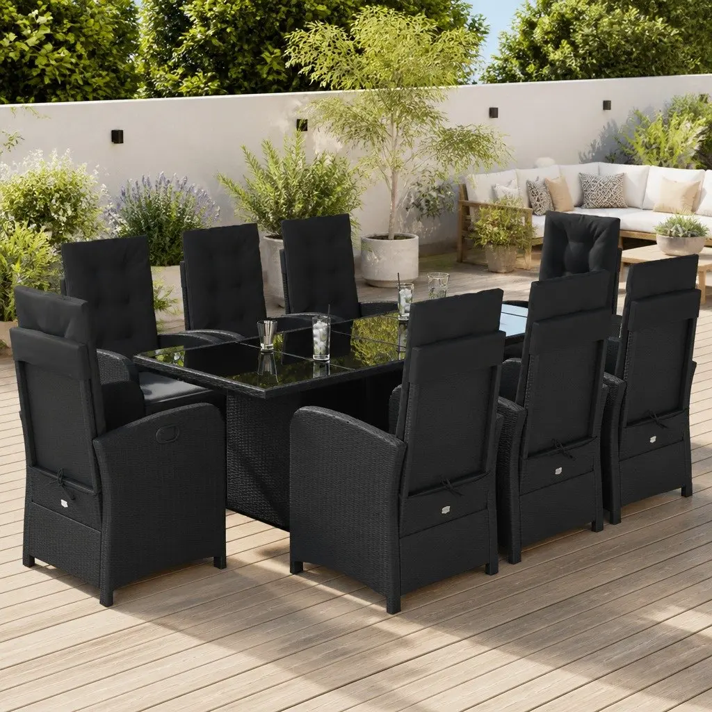9 Piece Outdoor Dining Set Adjustable Backrest Cushions Black PE Rattan Furniture