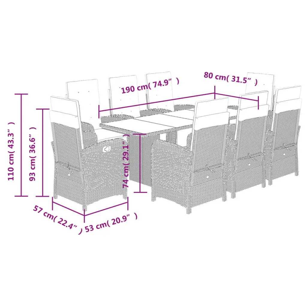 9 Piece Outdoor Dining Set Adjustable Backrest Cushions Black PE Rattan Furniture