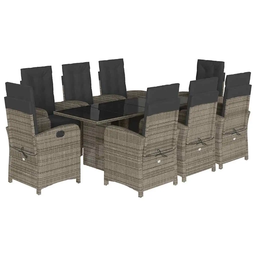 9 Piece Outdoor Patio Dining Set with Adjustable Backrest Grey Poly Rattan Cushions