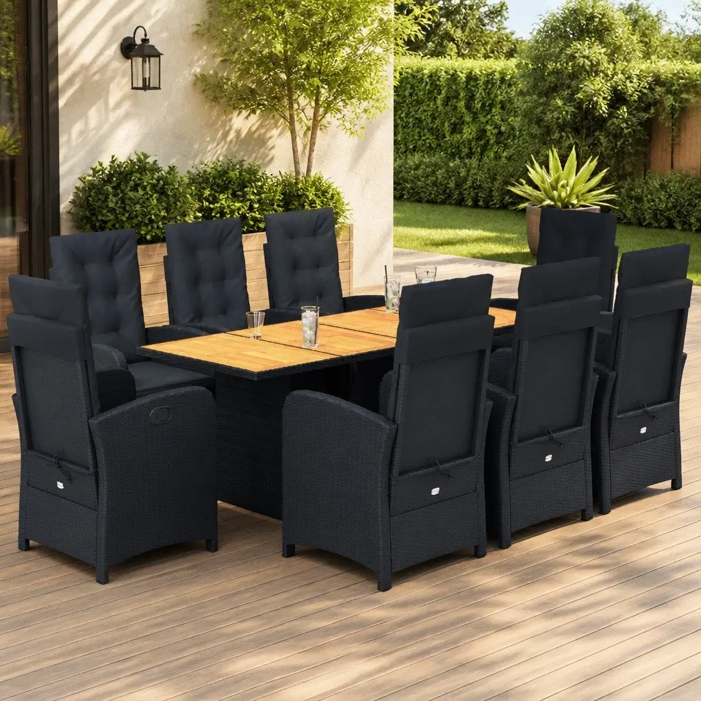 9 Piece Garden Furniture Set Adjustable Backrest Poly Rattan Chairs Acacia Wood Table Black
