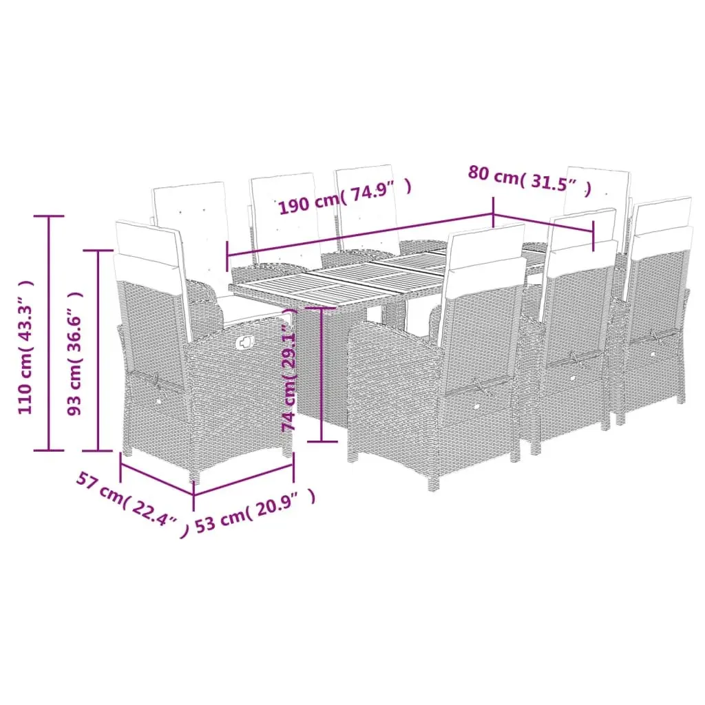 9 Piece Garden Furniture Set Adjustable Backrest Poly Rattan Chairs Acacia Wood Table Black
