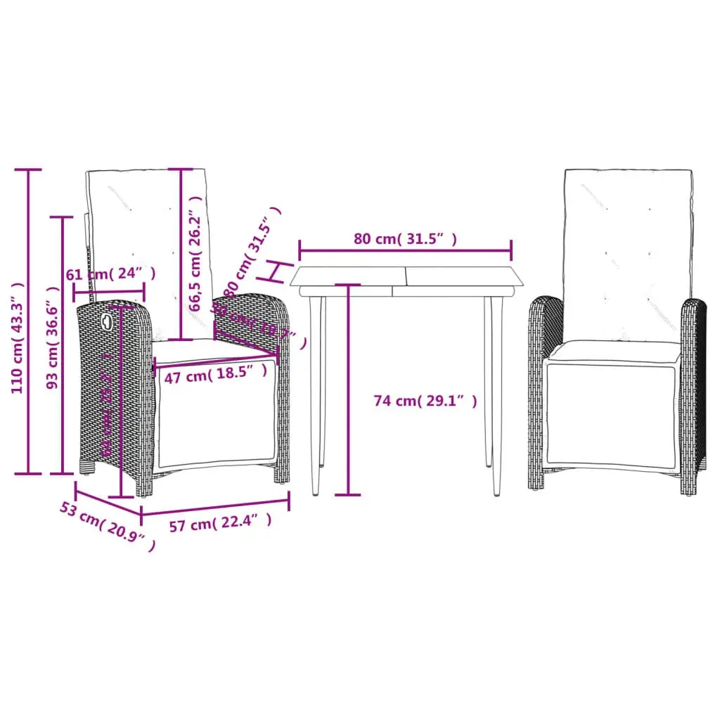 Bistro Set Adjustable PE Rattan 3 Piece Garden Furniture Chairs Table with Cushions Black
