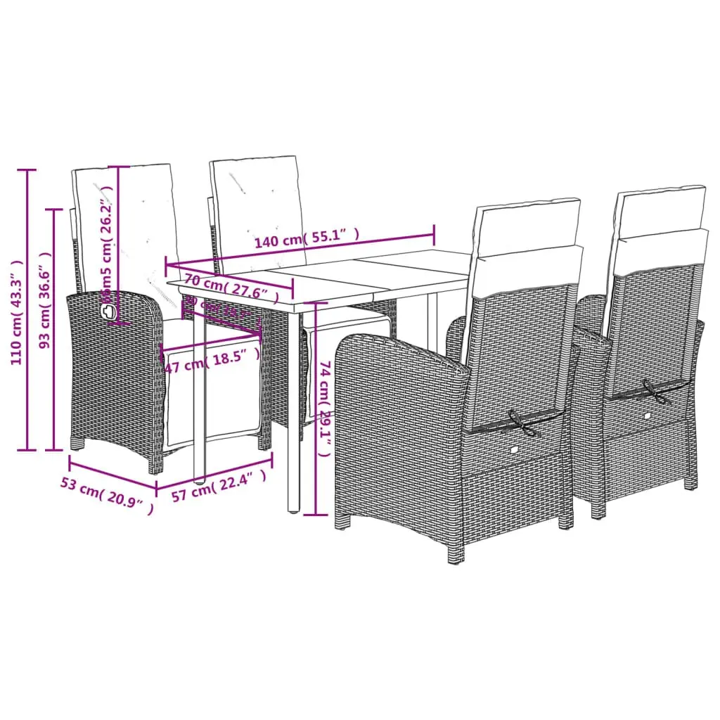 5 Piece Garden Dining Set Adjustable Backrest Black Poly Rattan Chairs Table with Cushions