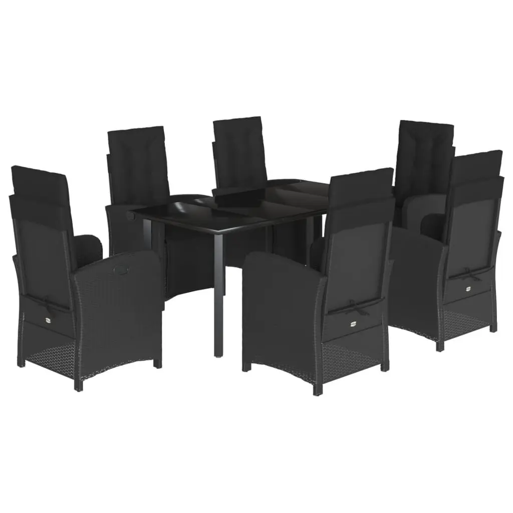 7 Piece Outdoor Dining Set Cushioned Black Poly Rattan Garden Furniture