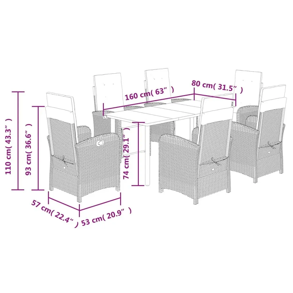 7 Piece Outdoor Dining Set Cushioned Black Poly Rattan Garden Furniture