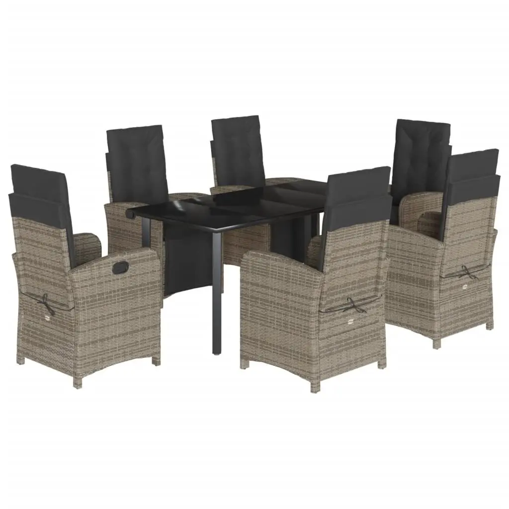 7 Piece Outdoor Dining Set Grey Cushioned Poly Rattan Furniture with Tempered Glass Top