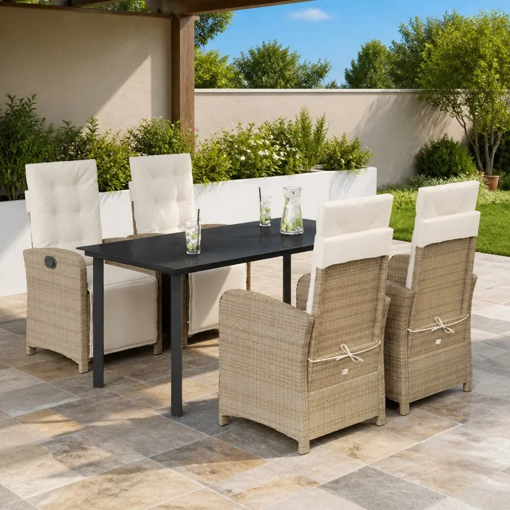 5 Piece Garden Dining Set Poly Rattan Beige with Cushions