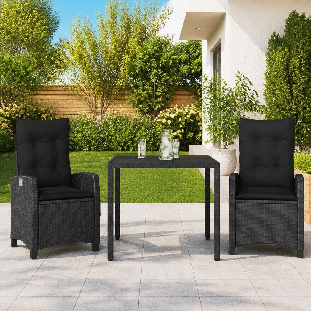 Garden Dining Set Black PE Rattan 3 Piece Outdoor Patio Furniture with Cushions