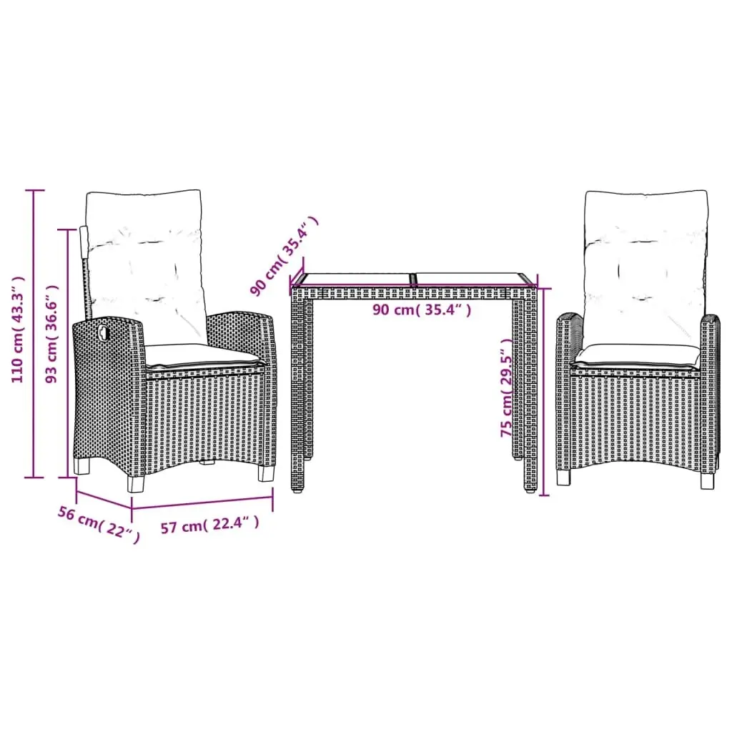 Garden Dining Set Black PE Rattan 3 Piece Outdoor Patio Furniture with Cushions