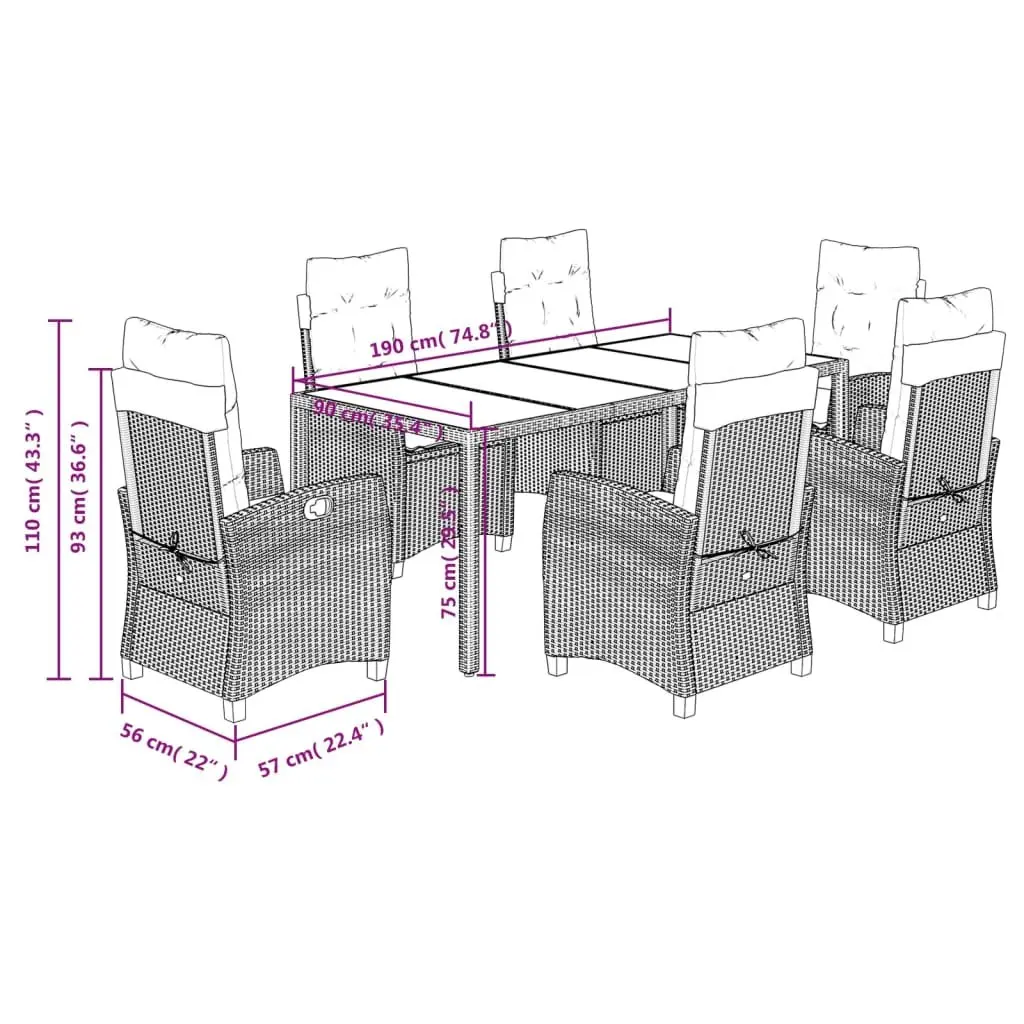 7 Piece Outdoor Garden Dining Set with Cushions Black Poly Rattan Furniture