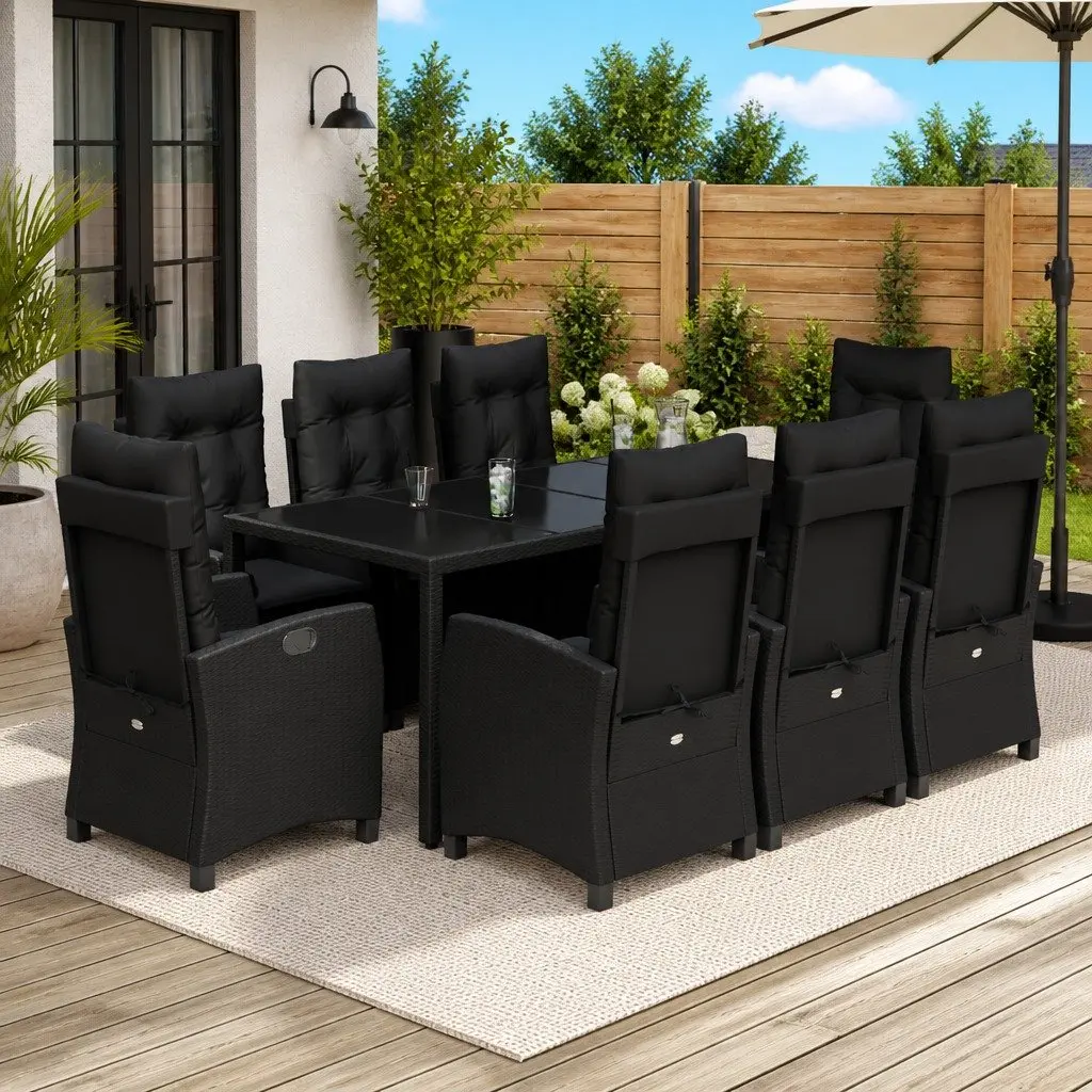 Garden Dining Set 9 Piece Outdoor Furniture Black Poly Rattan Chairs Table