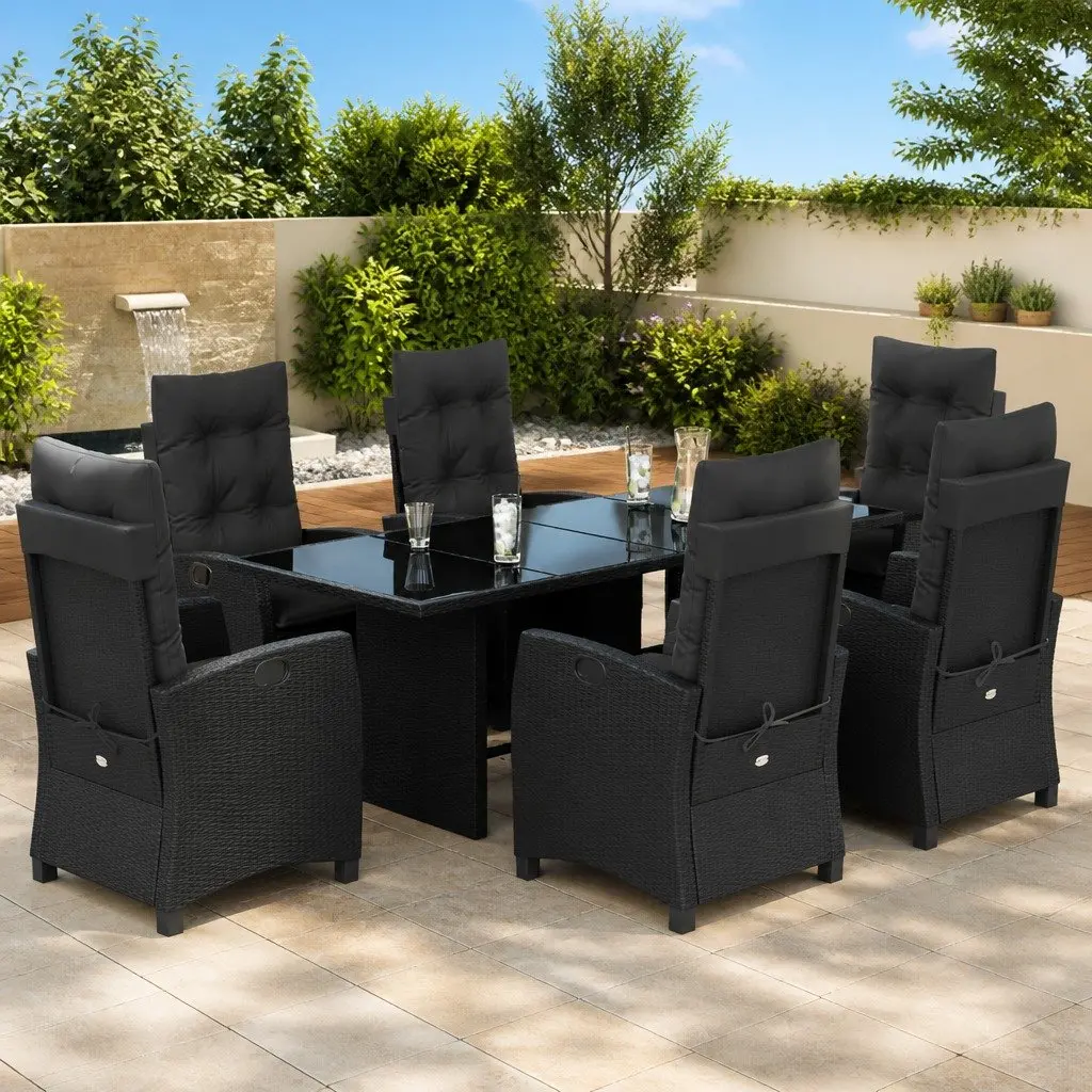 Outdoor Garden Dining Set 7 Piece Black Poly Rattan Table Chairs with Cushions
