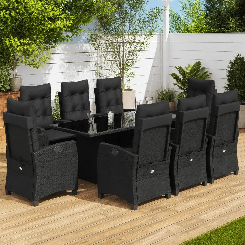 Garden Dining Set 9 Piece Outdoor Furniture Black Poly Rattan with Cushions