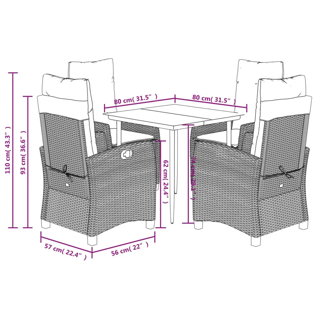 Outdoor Dining Set 5 Piece Adjustable Backrest Black Poly Rattan Chairs Table
