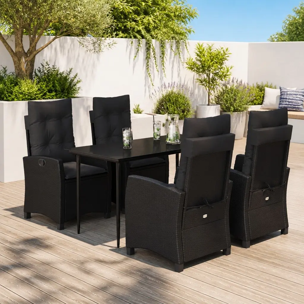 Garden Dining Set Adjustable Backrest 5 Piece Black Poly Rattan