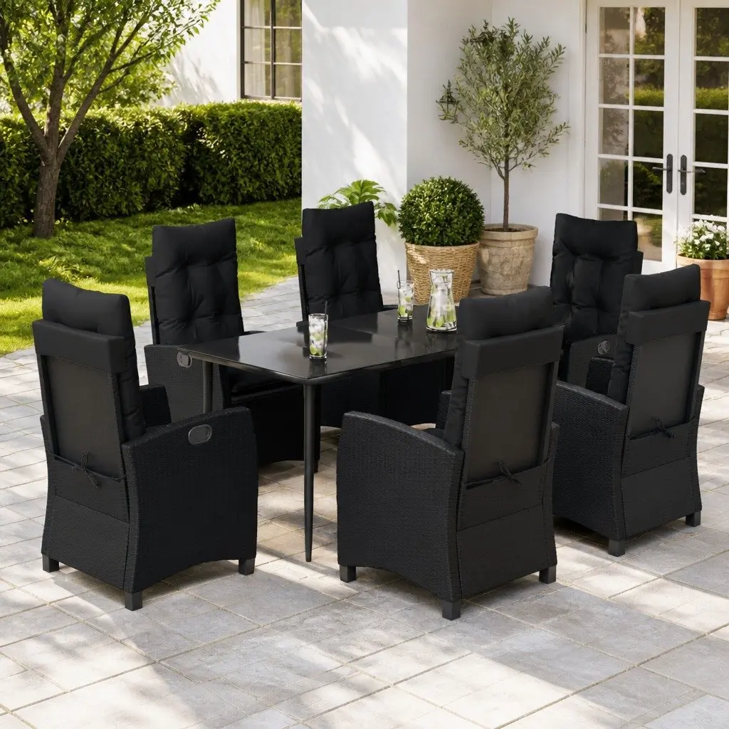 7 Piece Outdoor Garden Dining Set Black PE Rattan Chairs with Adjustable Backrest and Cushions