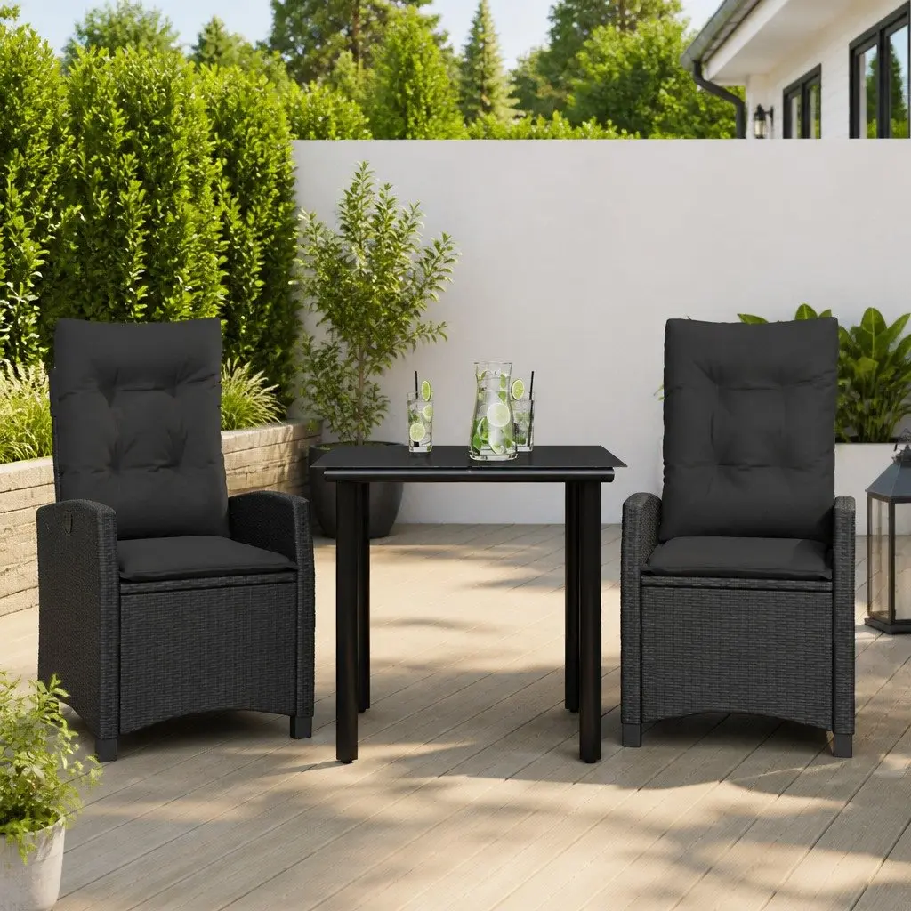 Garden Dining Set Adjustable Backrest 3 Piece Black Poly Rattan