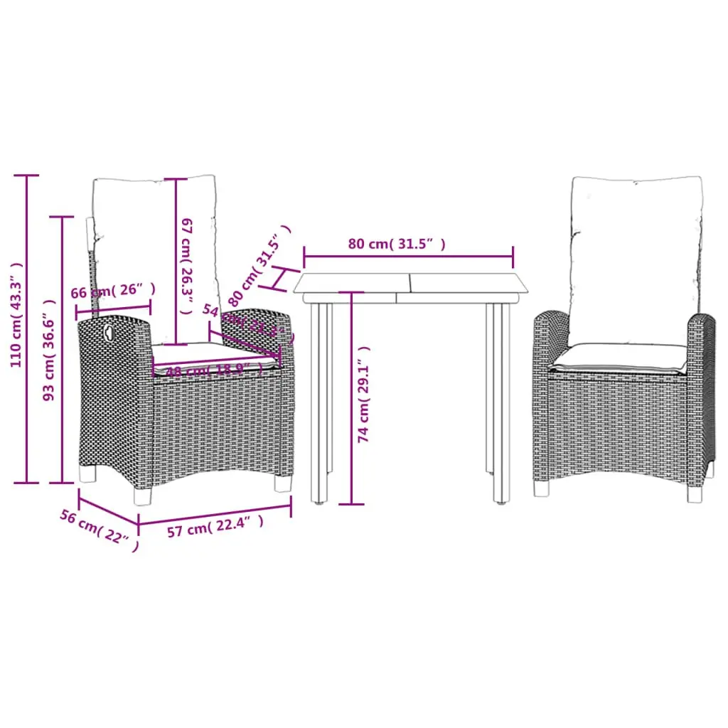 Garden Dining Set Adjustable Backrest 3 Piece Black Poly Rattan