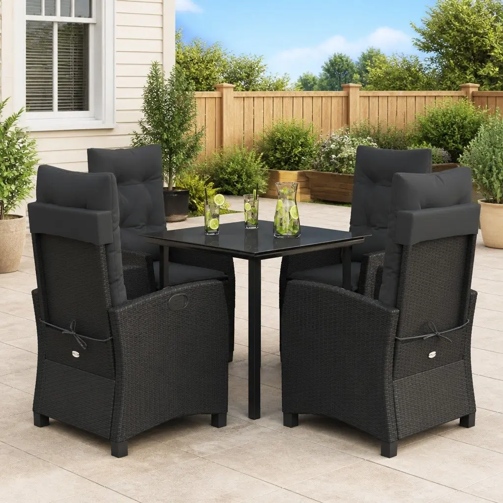 Outdoor Dining Set Black Poly Rattan 5 Piece with Cushions