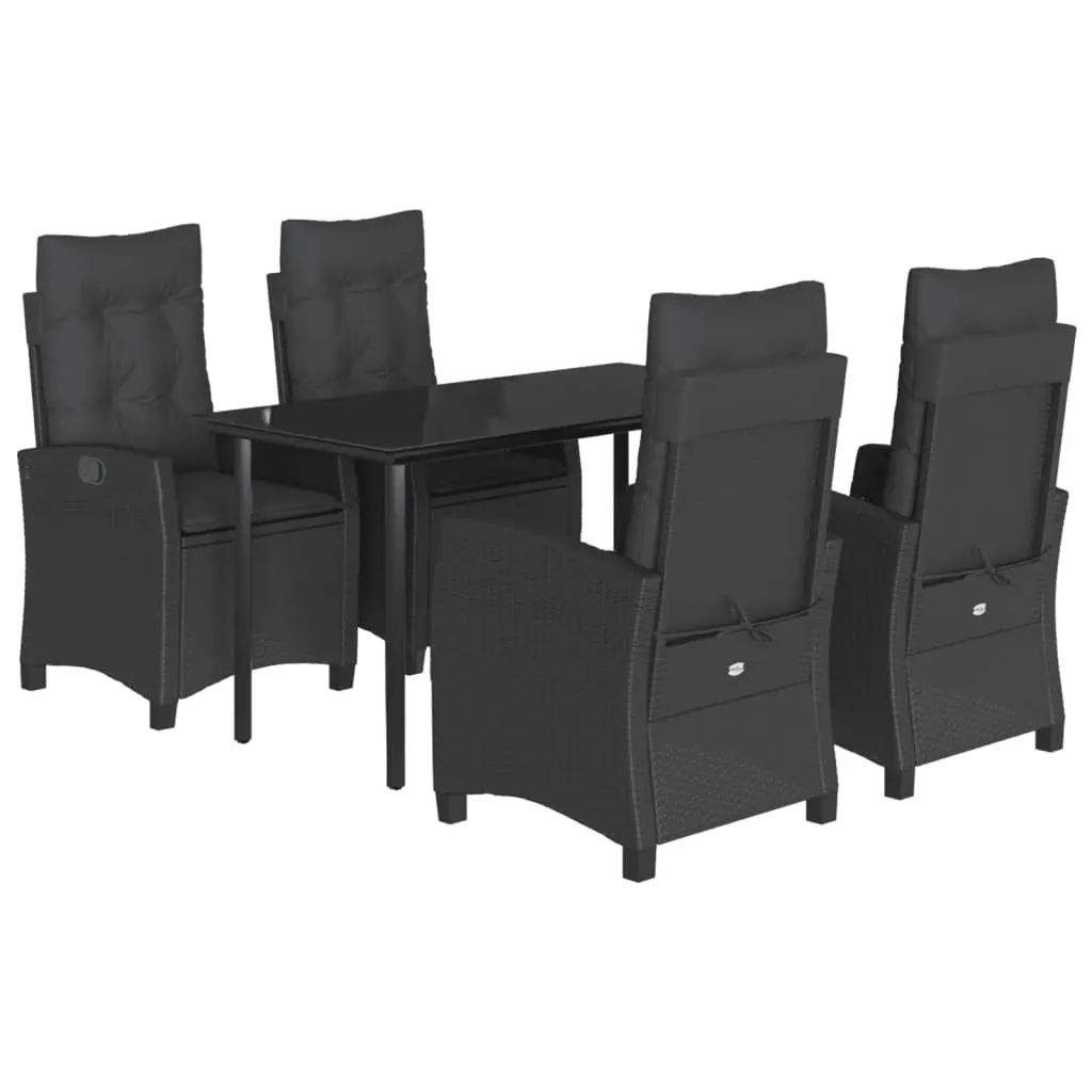 Outdoor Dining Set Black PE Rattan 5 Piece Garden Furniture with Cushioned Chairs and Tempered Glass Table