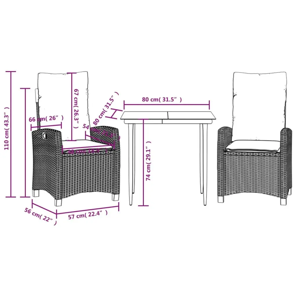 Garden Dining Set Grey Poly Rattan 3 Piece Outdoor Furniture with Cushions
