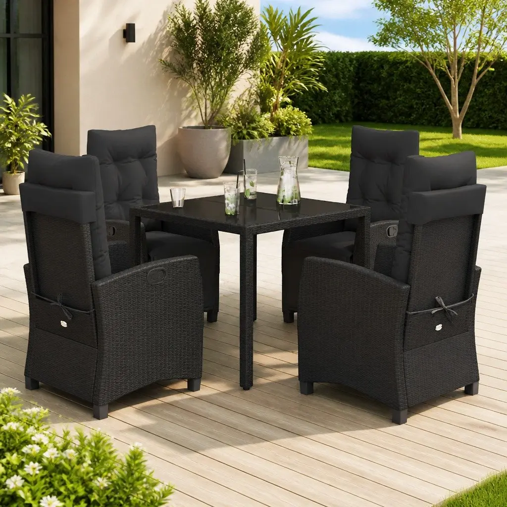 Outdoor Dining Set 5 Piece Black PE Rattan with Cushions and Tempered Glass Table for Garden Patio