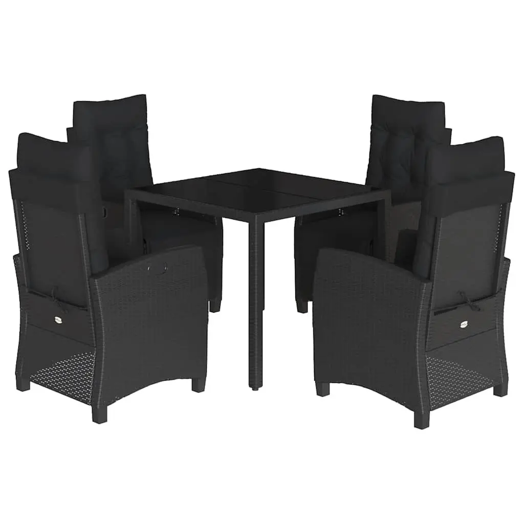 Outdoor Dining Set 5 Piece Black PE Rattan with Cushions and Tempered Glass Table for Garden Patio