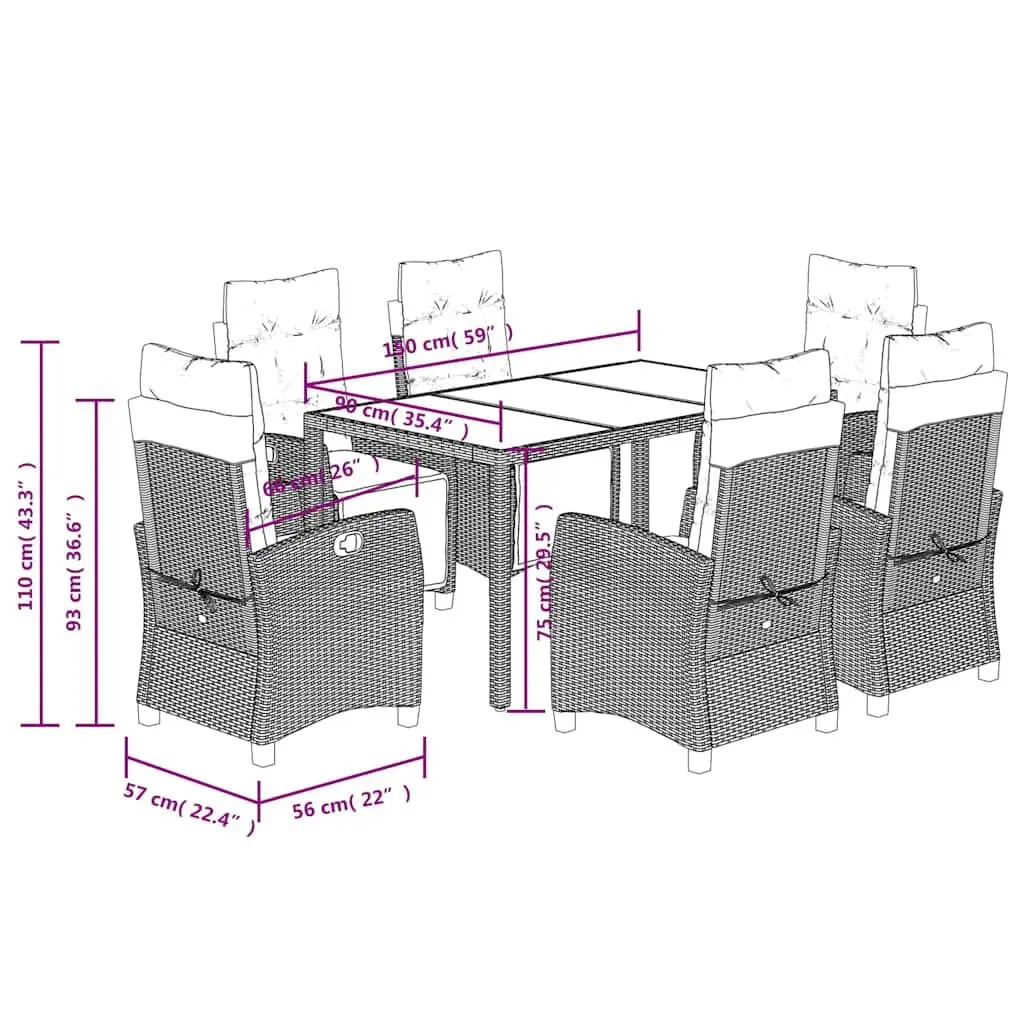 Outdoor Dining Set 7 Piece Black Poly Rattan Table with Tempered Glass Top and Adjustable Backrest Chairs